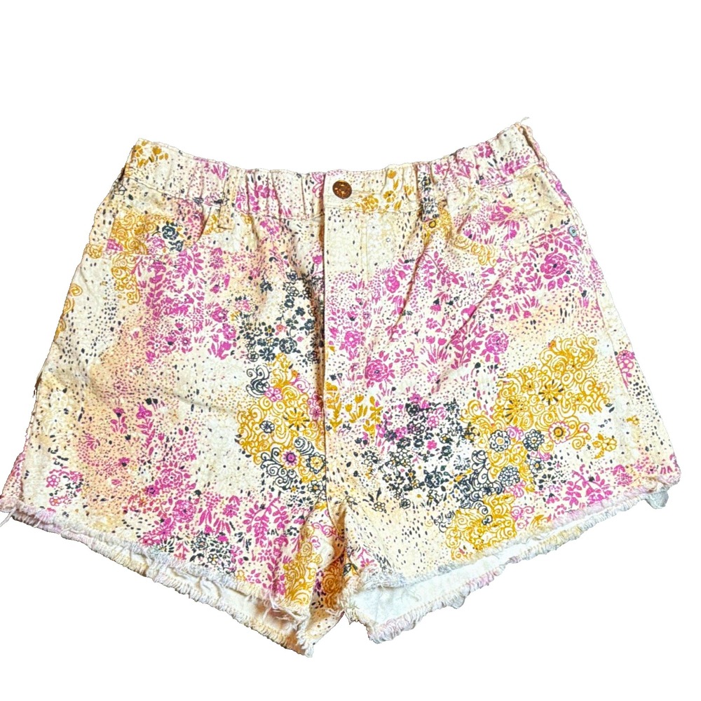 Pilcro Women's Floral Denim Cut Off Shorts Size M Mid Rise 5-Pocket Button